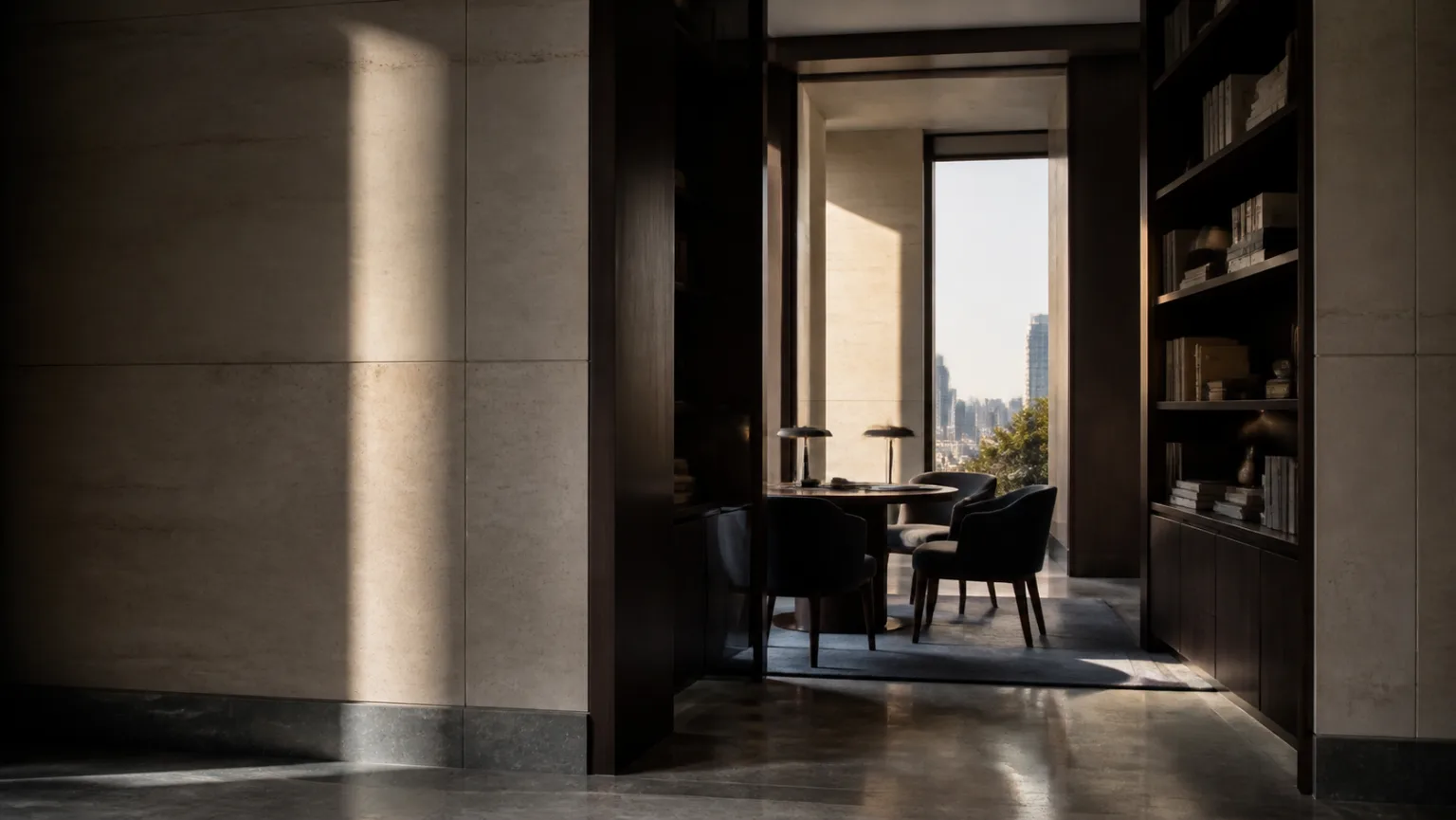 Quiet institutional meeting space framed by stone, timber, and a distant city view