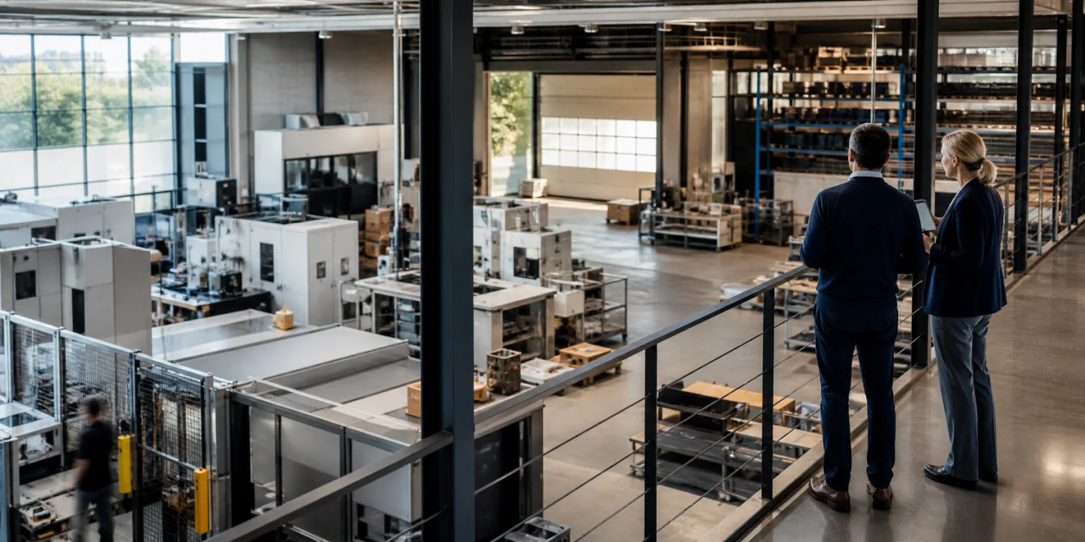 Business principals reviewing an active advanced manufacturing operation
