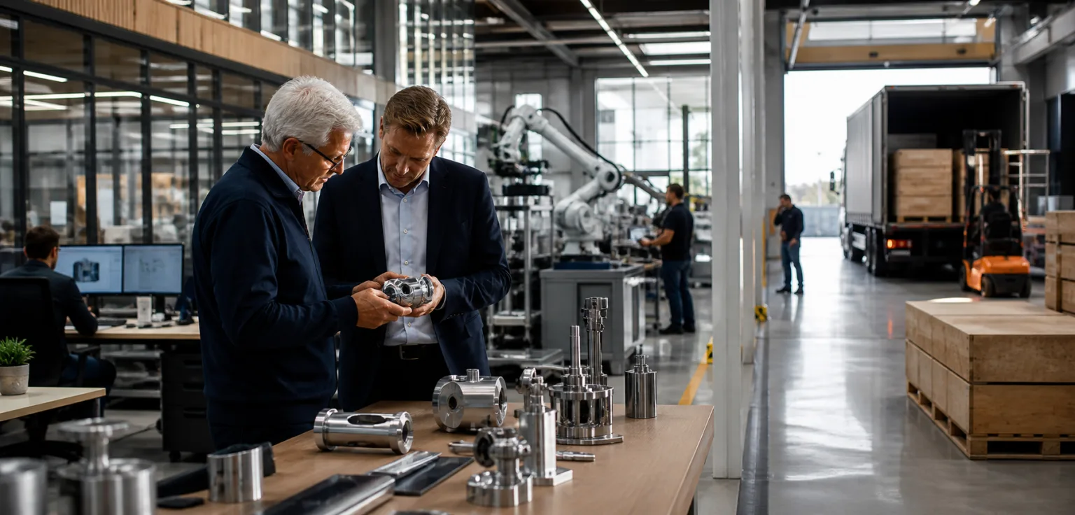 Business operators examining a precision component within an advanced production and logistics environment