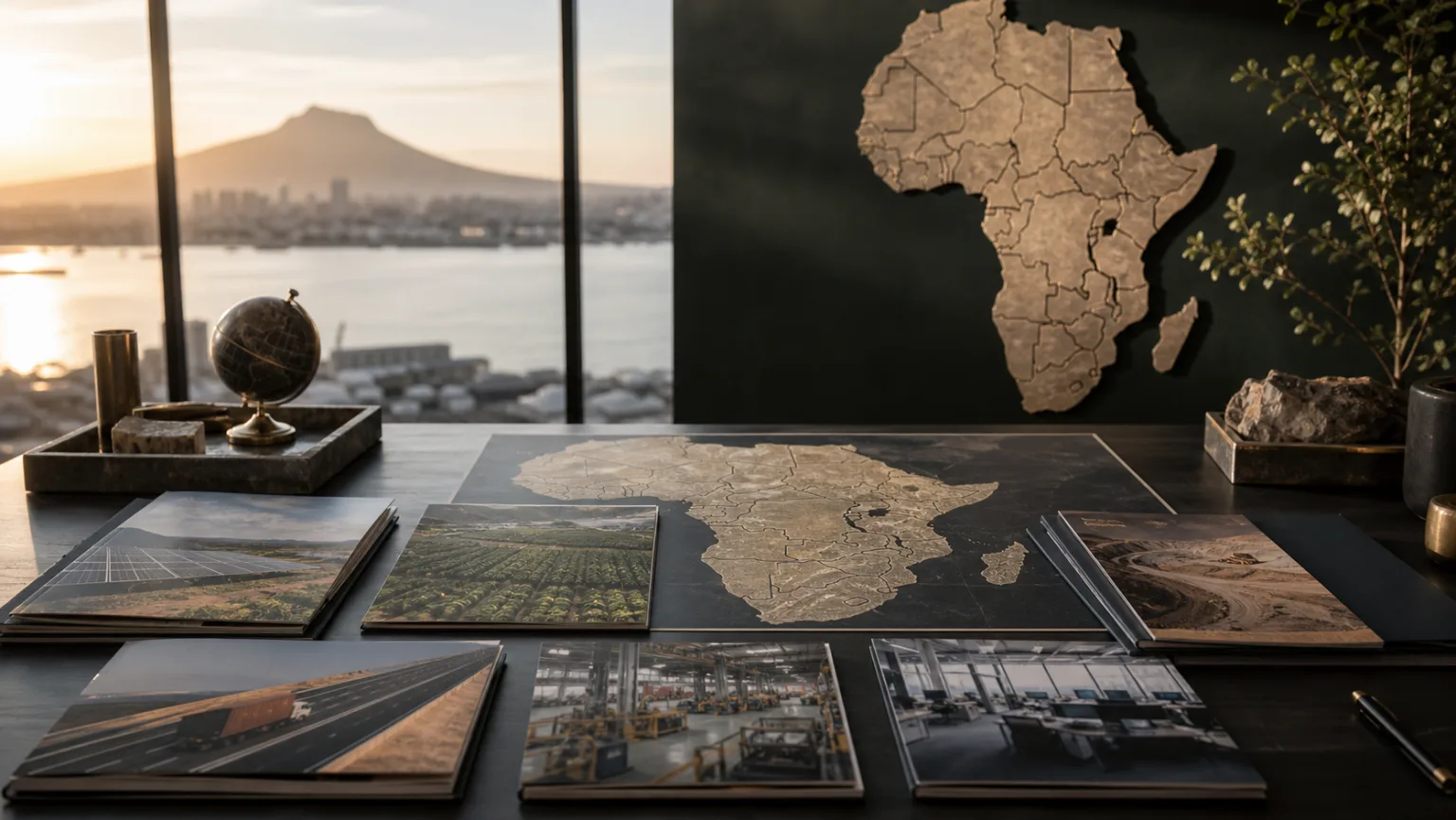 Africa market review table with regional map and sector dossiers for energy, agriculture, logistics, manufacturing, technology, and natural resources