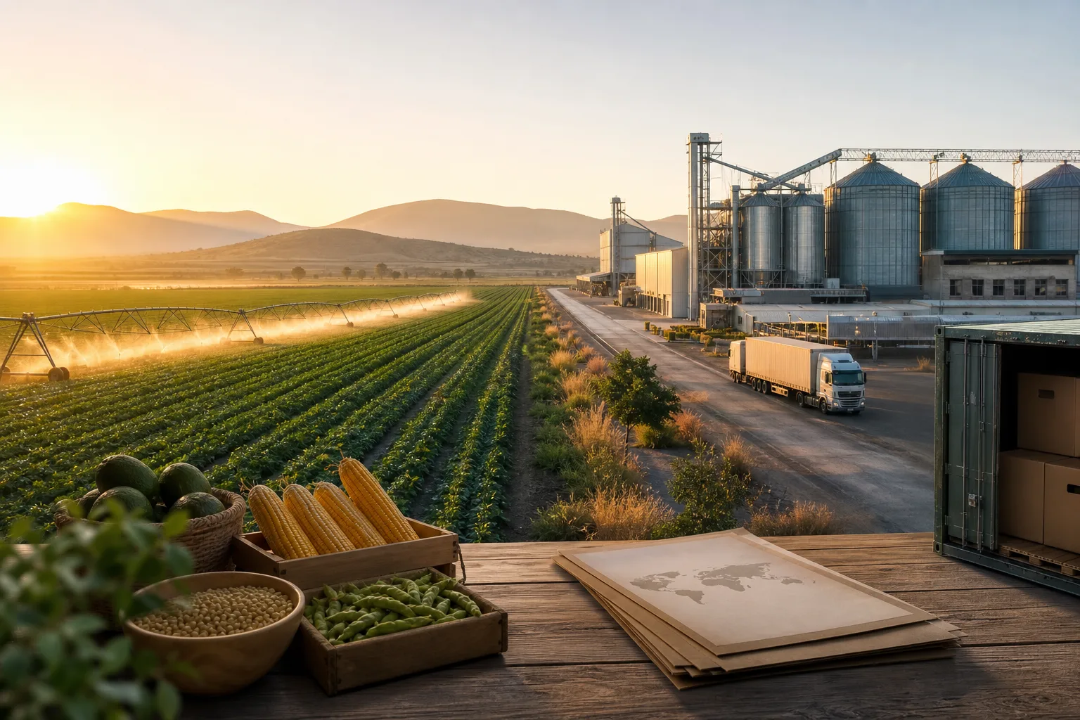 Commercial agriculture fields, storage silos, logistics access, and export documentation