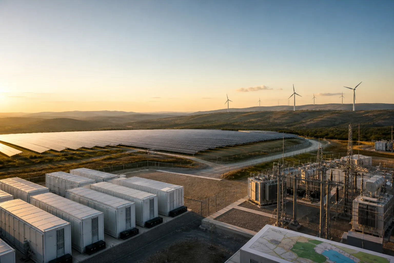 Solar generation, wind turbines, battery storage, and substation equipment at an energy project site