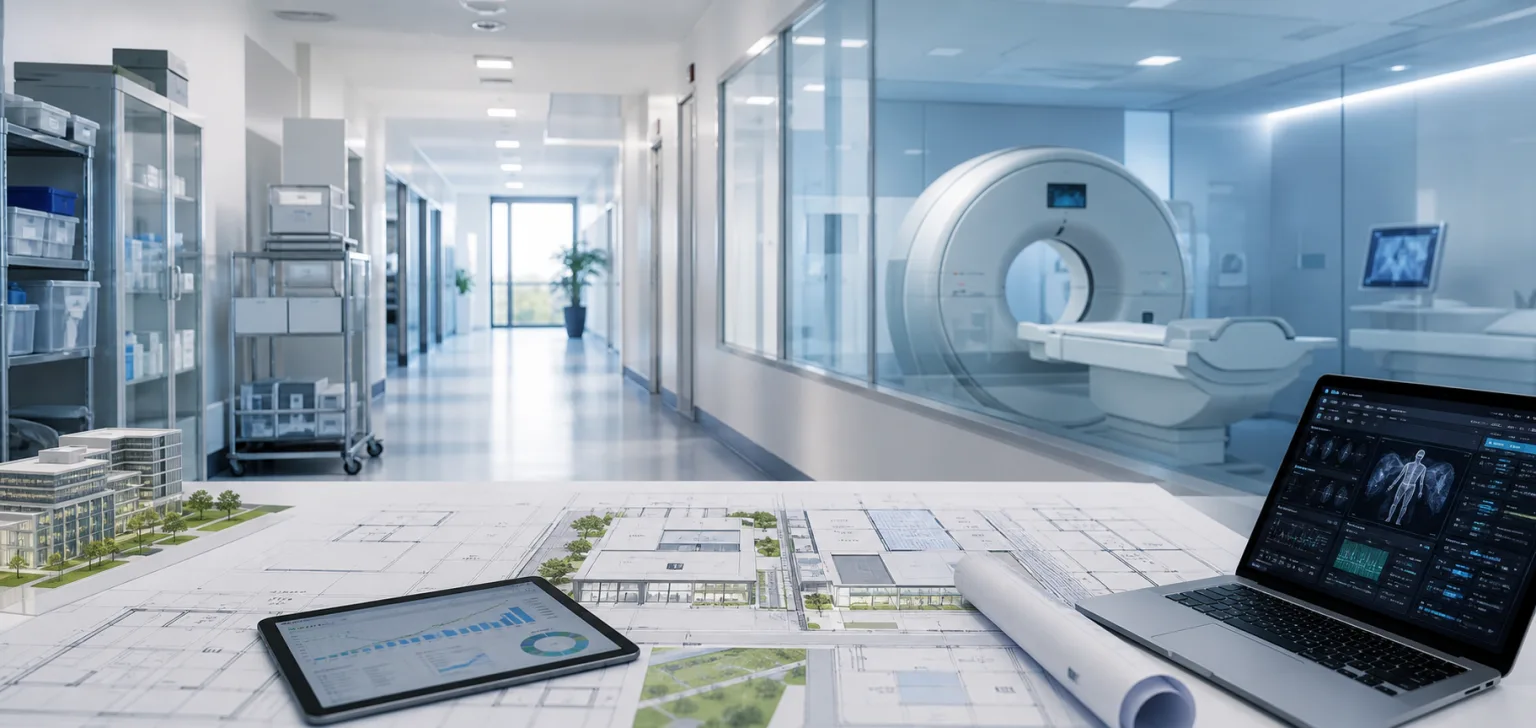 Modern healthcare facility planning scene with diagnostic equipment, clinic plans, and health technology materials