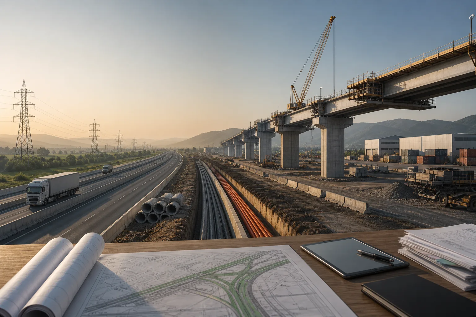 Bridge construction, utility corridors, logistics facilities, and infrastructure planning documents
