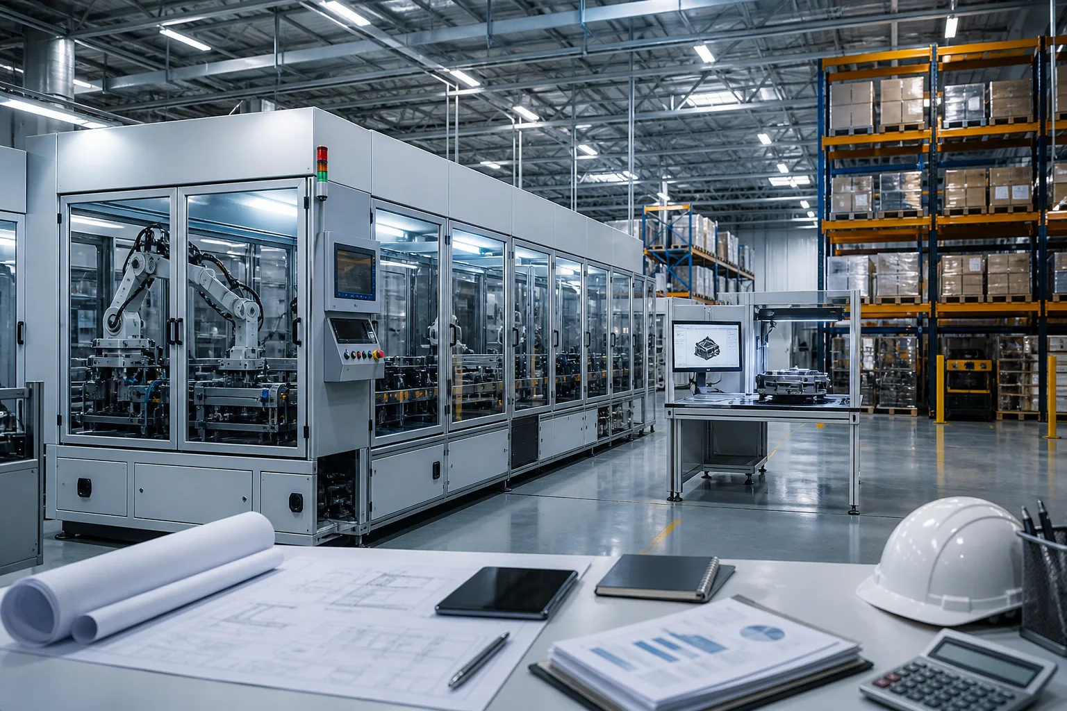 Advanced production line, warehouse inventory, and capital planning documents in a modern manufacturing facility