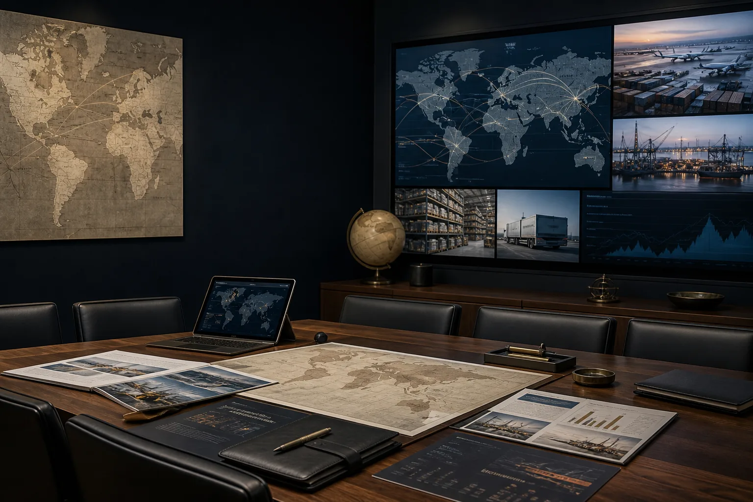 International investment review room with maps, sector dossiers, and logistics imagery