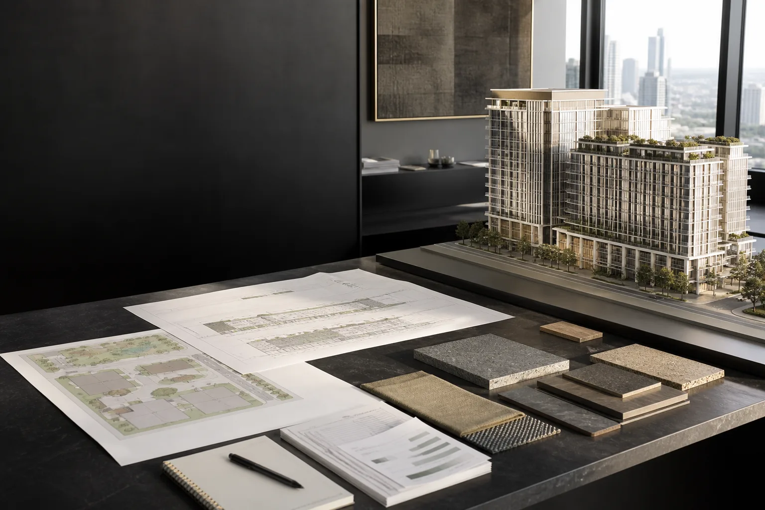 Architectural model, development plans, and material samples for a real estate capital review