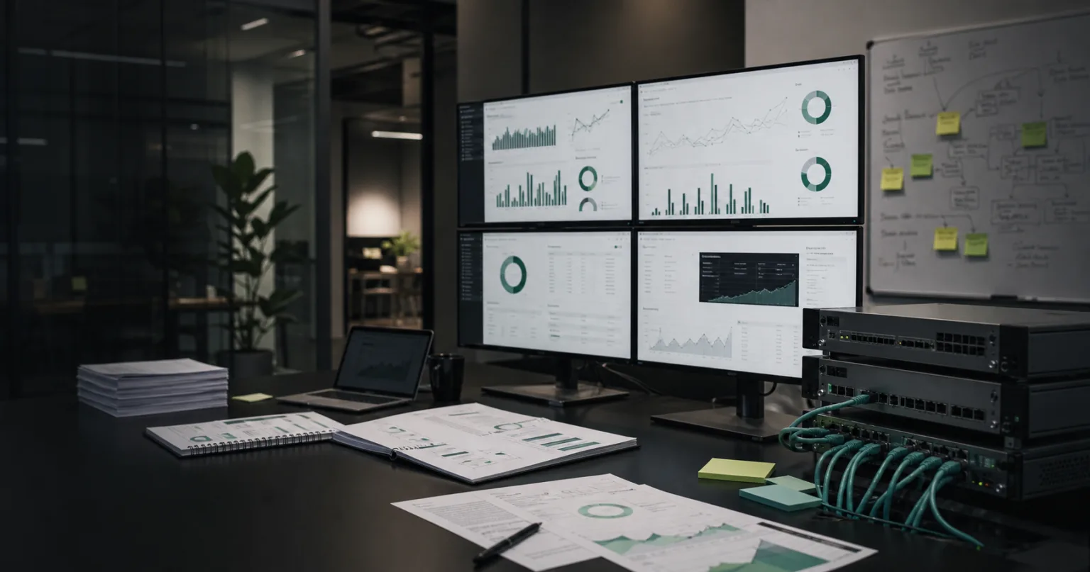 Enterprise software dashboards, network hardware, roadmap notes, and financial materials in a technology strategy room