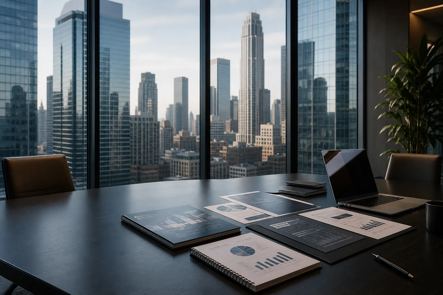 United States business district boardroom with capital planning materials and skyline view